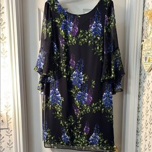 Chico's Blue and Black Sheath Dress with Flutter Sleeves for Cocktail